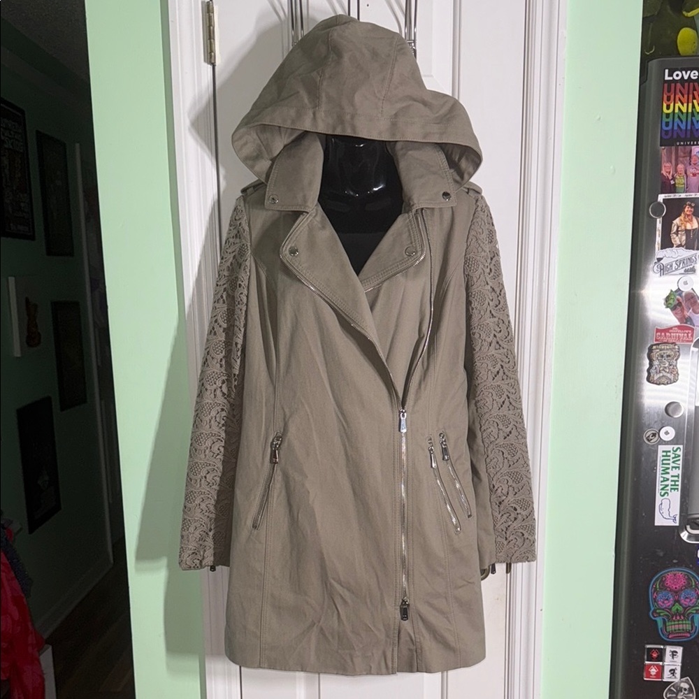 Dawn Levy Mocha Everyday Twill Jacket w/ Hood & Lace Sleeves 100% Cotton Size M